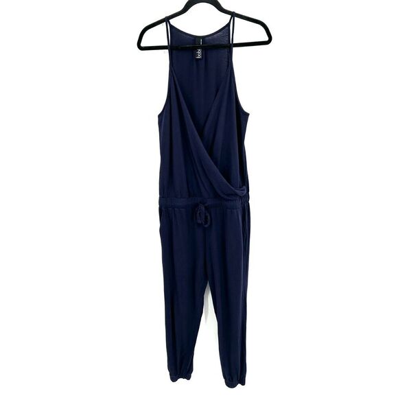 BOBI Navy Blue Supreme Jersey Tied Waist V-Neck Faux Wrap Jumpsuit Size Medium - Picture 3 of 9